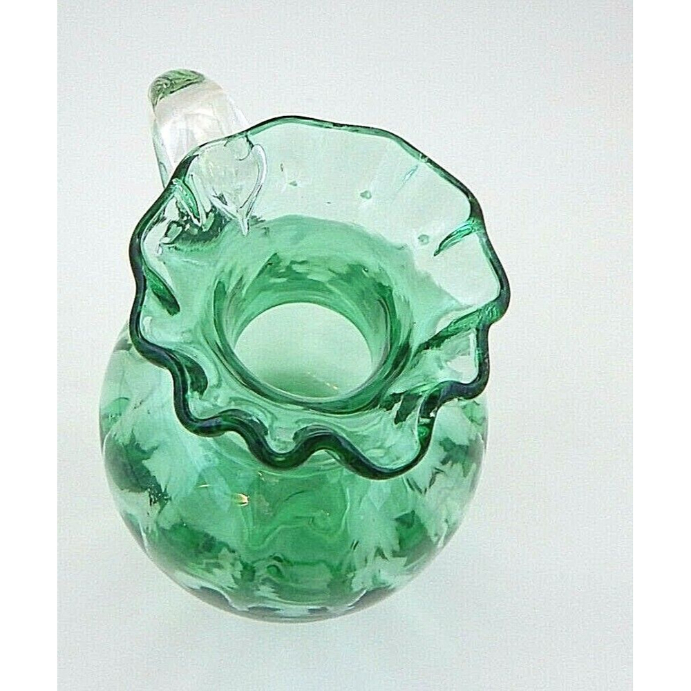 Art Glass Green Hand Blown Glass Small Pitcher Vase Ruffle Top - Picture 5 of 8